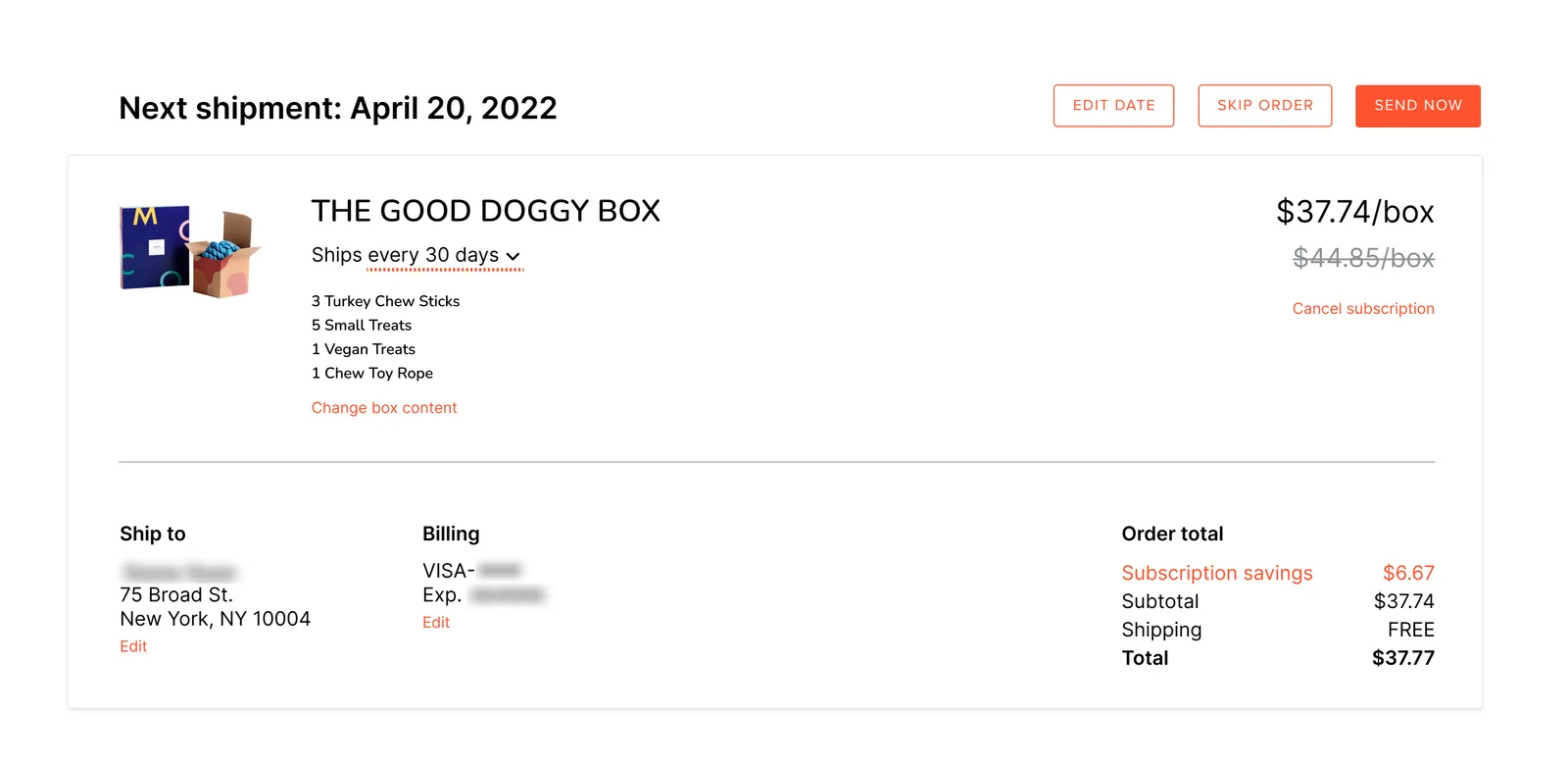 The Subscription Manager's upcoming order, headed Next shipment: April 20, 2022, with Edit date, Skip order, and Send now buttons. The order is a bundle, The Good Doggy Box, shipping every 30 days at $37.74 per box, with its components listed beneath the name: 3 Turkey Chew Sticks, 5 Small Treats, 1 Vegan Treats, and 1 Chew Toy Rope. A Change box content link follows the list, and a Cancel subscription link sits at the right. Ship to, Billing, and Order total sections are below.