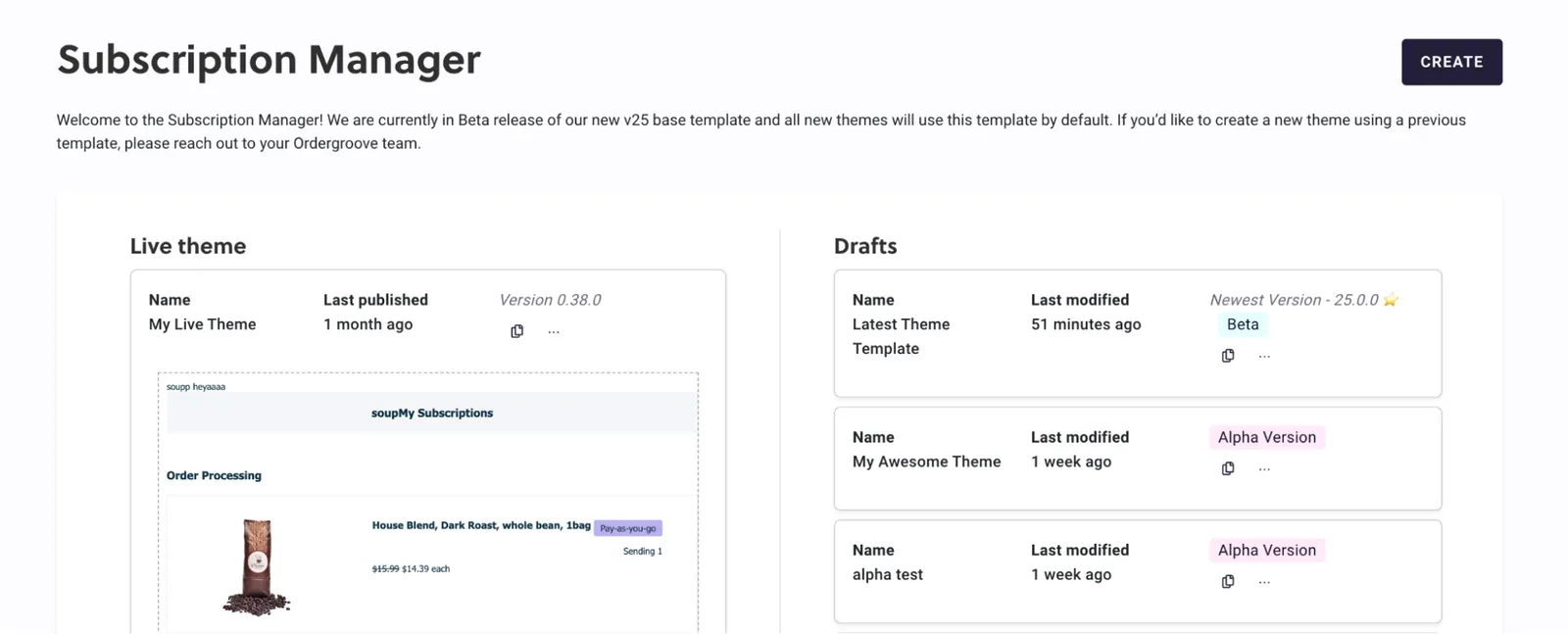 The Subscription Manager landing page in RC3, with a Create button at top right. The Live theme card on the left shows the theme name, version 0.38.0, and a preview of the theme. The Drafts list on the right shows three draft themes with version labels, such as Newest Version 25.0.0 with a Beta tag.