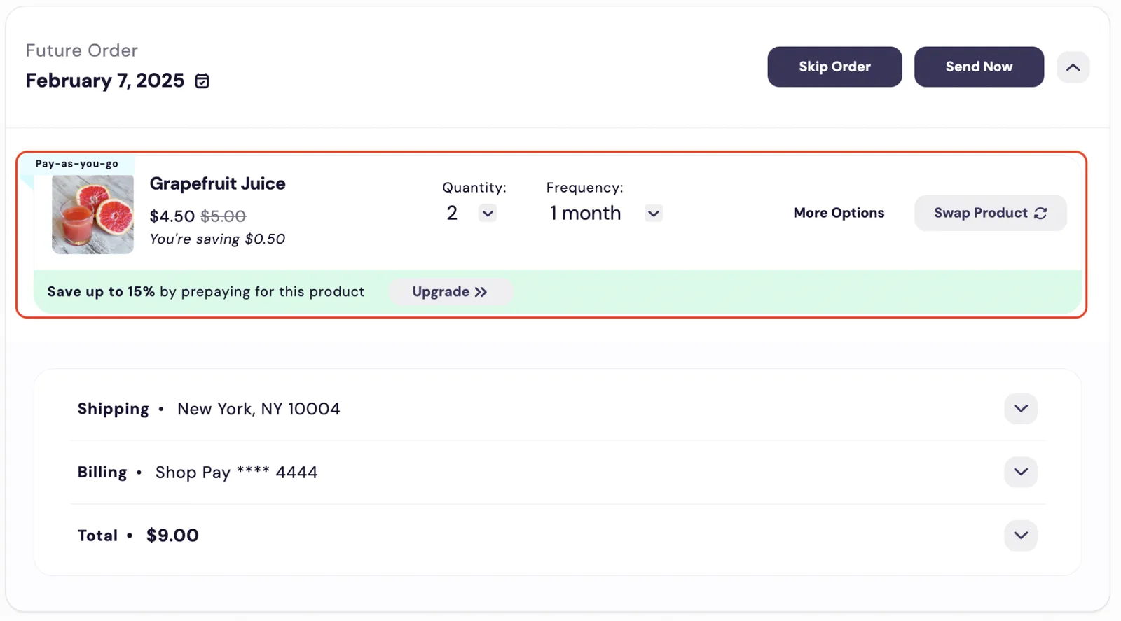 An upcoming order in the Subscription Manager, a Future Order dated February 7, 2025, with the order-item section outlined in red. The item, Grapefruit Juice, shows a Pay-as-you-go badge, its price ($4.50, with $5.00 struck through), Quantity and Frequency dropdowns, More Options and Swap Product buttons, and a prepay banner with an Upgrade button. The order header above has Skip Order and Send Now buttons; Shipping, Billing and Total rows sit below.