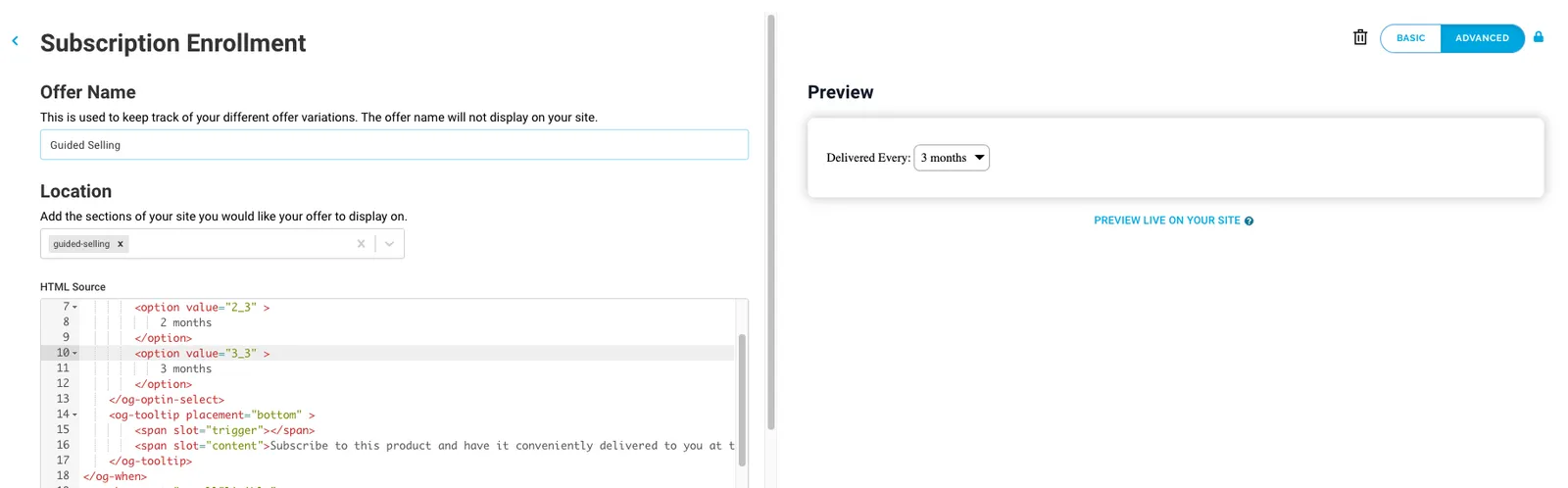The Subscription Enrollment offer editor in RC3, in Advanced mode. The Offer Name is Guided Selling and the Location is guided-selling. The HTML Source editor shows the frequency options, including 2 months and 3 months, and the Preview shows a frequency-only offer: a Delivered Every dropdown set to 3 months.