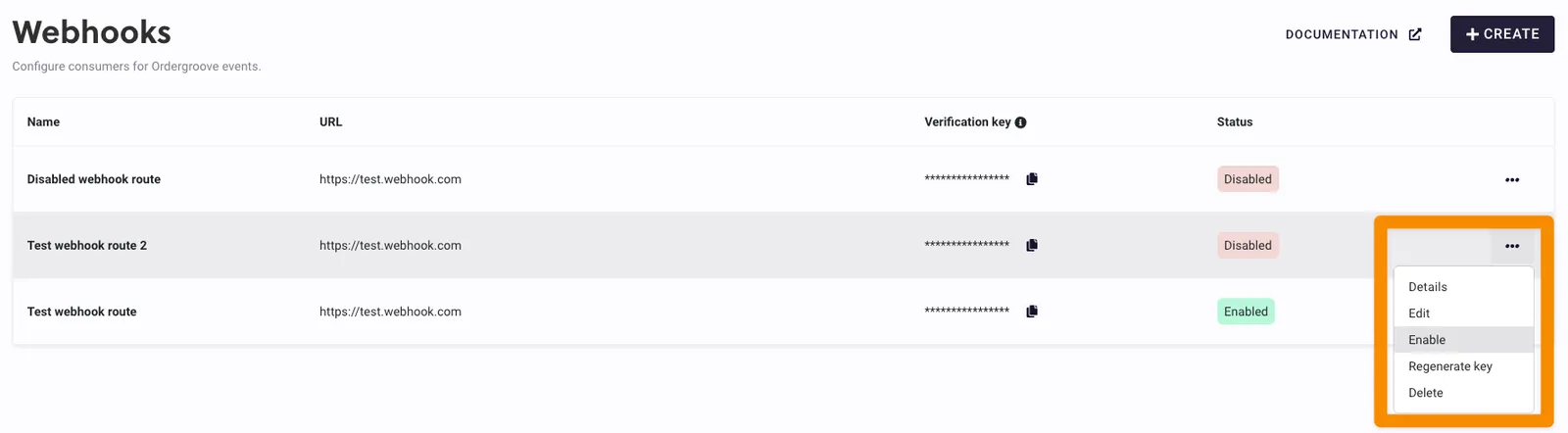 The Webhooks page in RC3 with three webhooks listed. The three-dot menu on the second row, Test webhook route 2, which has a Disabled status, is open and outlined in orange, showing Details, Edit, Enable, Regenerate key, and Delete, with Enable highlighted.