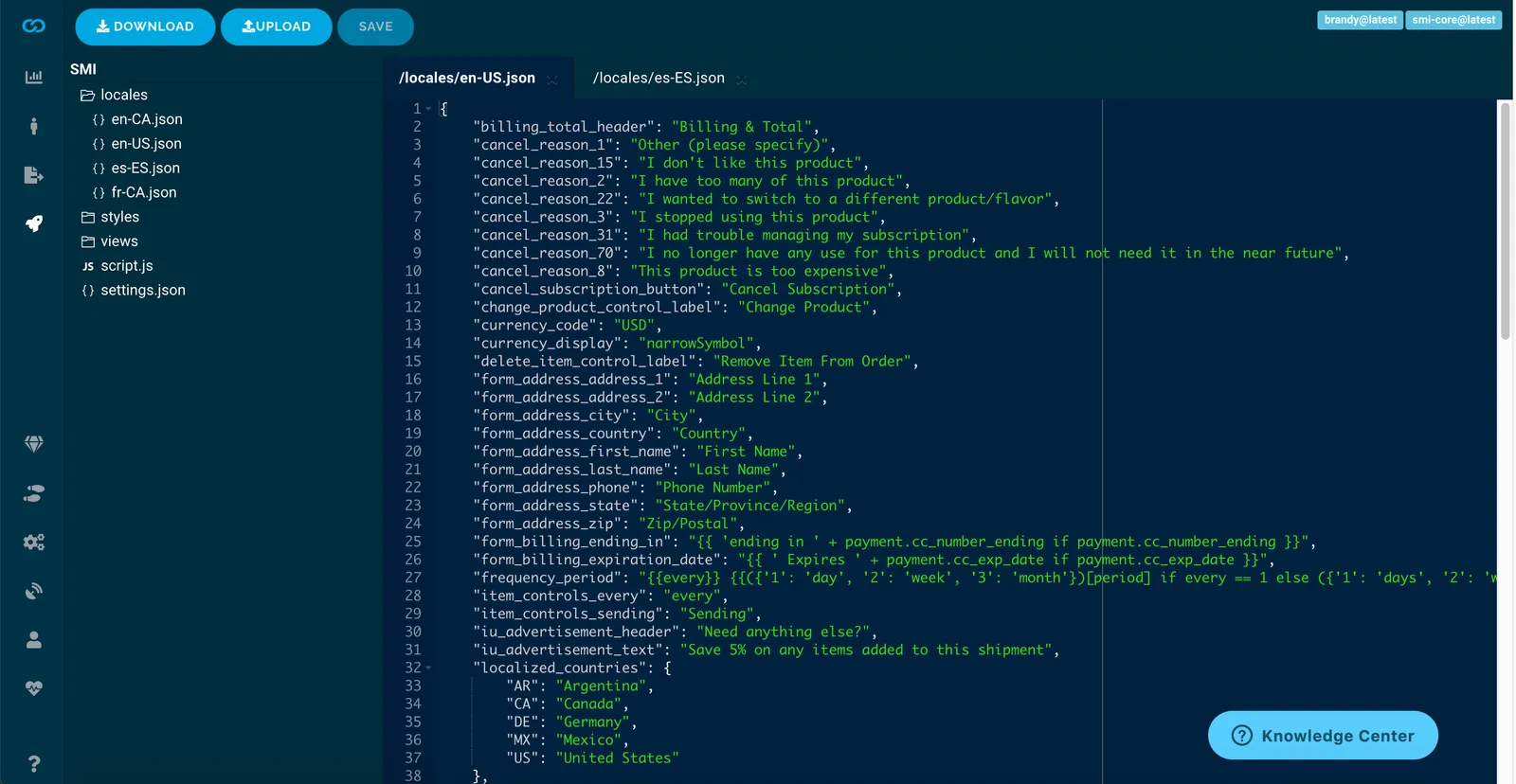 The advanced editor in RC3 with the locales folder expanded in the file tree, listing en-CA.json, en-US.json, es-ES.json and fr-CA.json, while styles and views stay collapsed. en-US.json is open in the editor, showing translation keys and their English text.