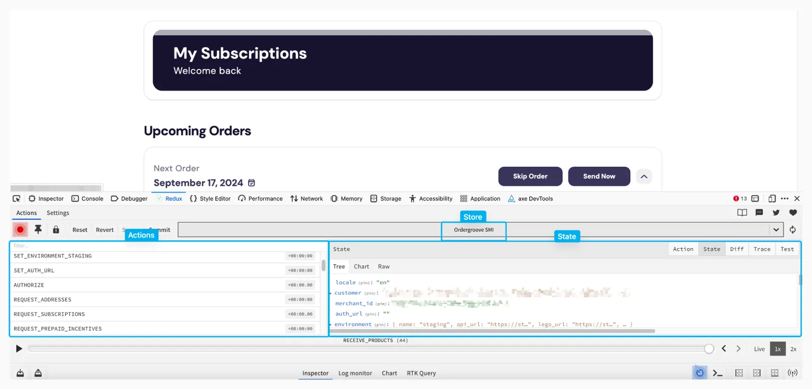 The Subscription Manager on a storefront with browser DevTools open on the Redux tab. Callouts label the Store selector, set to Ordergroove SMI; the Actions list on the left, with entries such as SET_ENVIRONMENT_STAGING and REQUEST_SUBSCRIPTIONS; and the State tree on the right, showing keys such as locale, customer and environment.