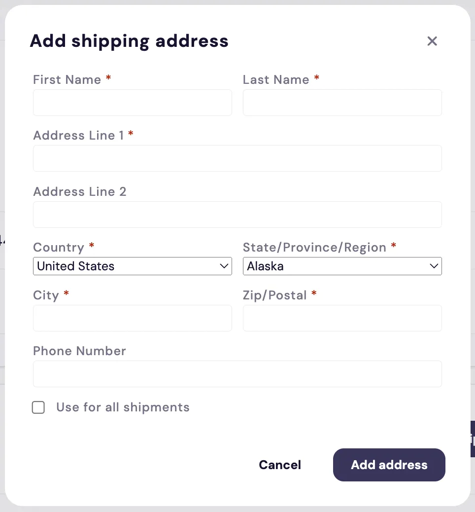The Add state of the Subscription Manager's shipping address dialog, which order-summary/change-shipping-dialog.liquid renders. Titled Add shipping address, it shows an empty form with First Name, Last Name, Address Line 1, Address Line 2, Country, State/Province/Region, City, Zip/Postal and Phone Number fields, all marked required with an asterisk except Address Line 2 and Phone Number. A Use for all shipments checkbox sits above Cancel and Add address buttons.