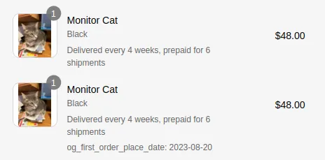 Shopify checkout order summary listing two Monitor Cat line items at $48.00 each, both Black with Delivered every 4 weeks, prepaid for 6 shipments. Only the second shows the property og_first_order_place_date: 2023-08-20.
