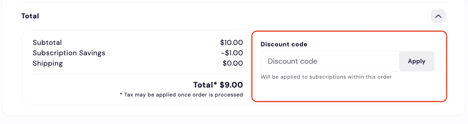 The Subscription Manager's discount code form, which order-summary/discount-code-form.liquid renders, outlined in red in the expanded Total section. It has a Discount code field, an Apply button and the hint 'Will be applied to subscriptions within this order'. The price breakdown sits to its left.