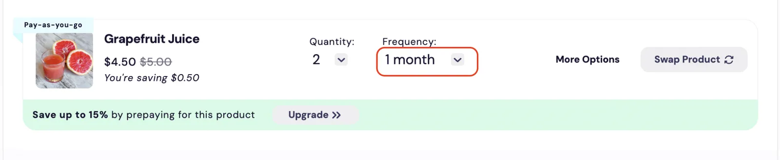 The Subscription Manager's Frequency dropdown, which order-item/frequency-select.liquid renders, outlined in red on the Grapefruit Juice order item. The dropdown is set to 1 month; the item's Quantity dropdown, More Options and Swap Product buttons, and prepay banner appear around it.