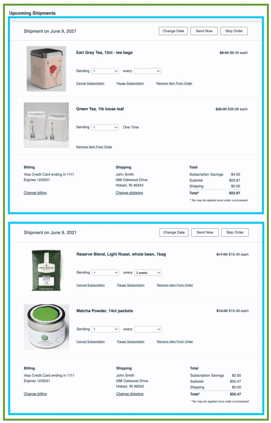 The Upcoming Shipments section of the Subscription Manager, which orders-unsent.liquid renders, outlined in green. It holds two upcoming orders, each outlined in cyan and rendered by order-unsent.liquid. Each order is headed Shipment on June 9, 2021, with Change Date, Send Now and Skip Order buttons, lists its products with price, quantity and frequency controls, and ends with Billing, Shipping and Total panels.