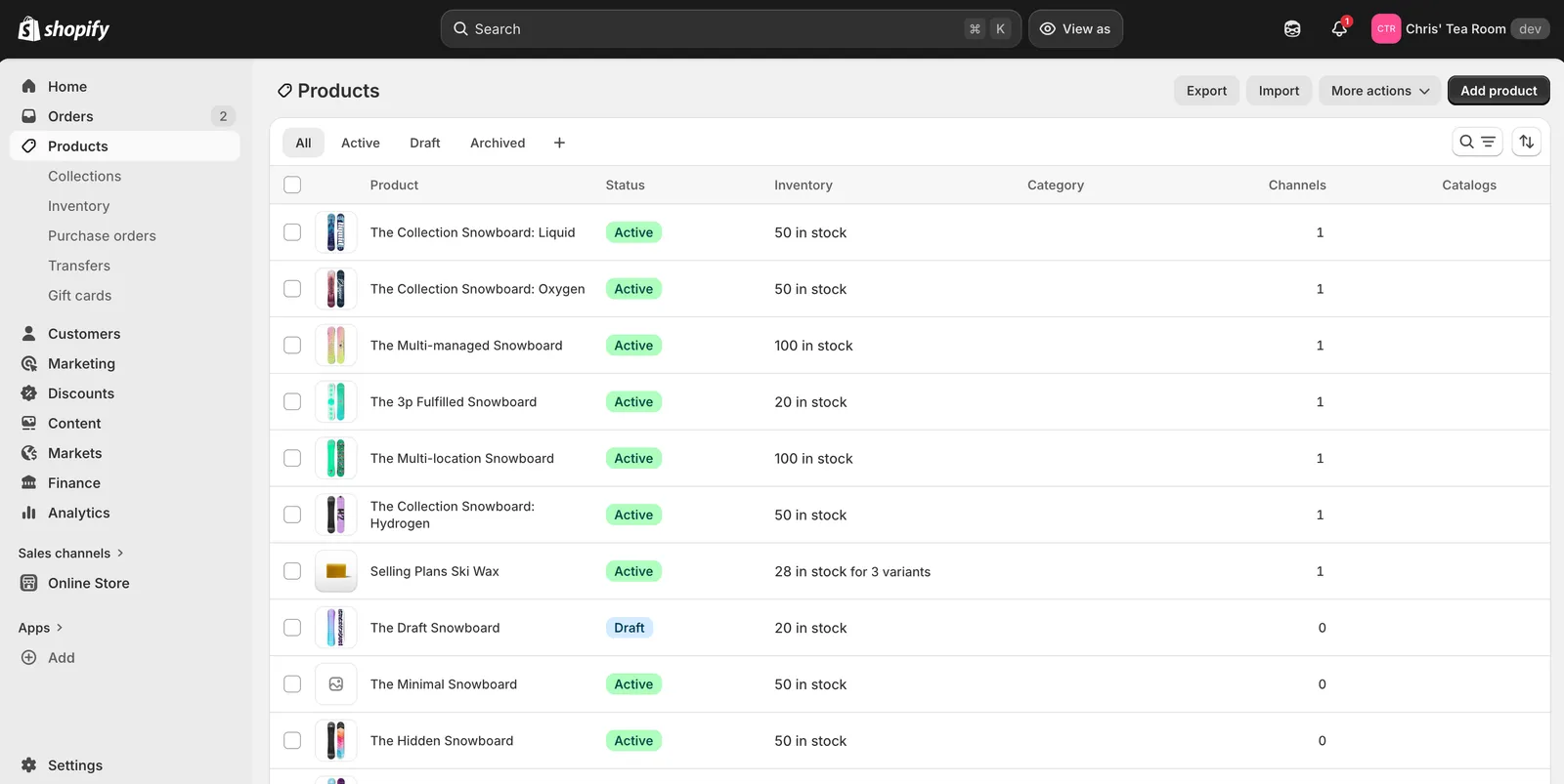 The Products page in Shopify admin for the new dev store, listing the generated test products. Most are snowboards, plus a ski wax, and each row shows its status, mostly Active with one Draft, and its inventory, such as 50 in stock.