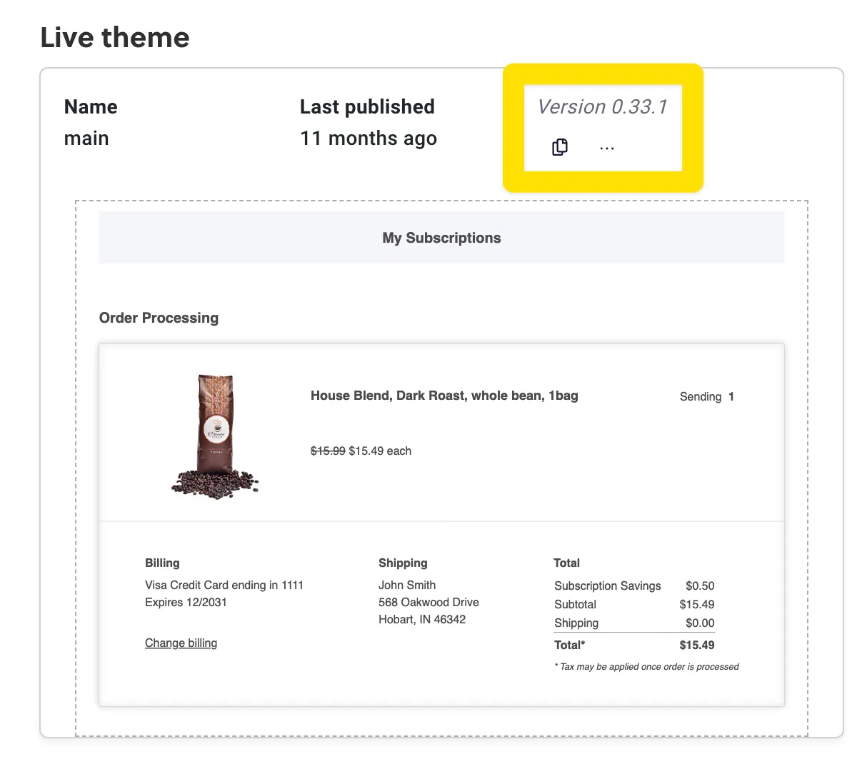 The live theme card in Subscription Manager, with the theme version, 0.33.1, highlighted