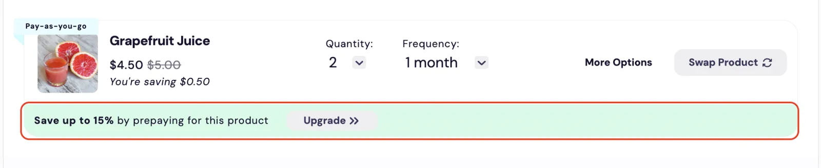 The Subscription Manager's upgrade to prepaid banner, which order-item/upgrade-subscription-to-prepaid.liquid renders, outlined in red along the bottom of the Grapefruit Juice order item. It reads Save up to 15% by prepaying for this product, with an Upgrade button.