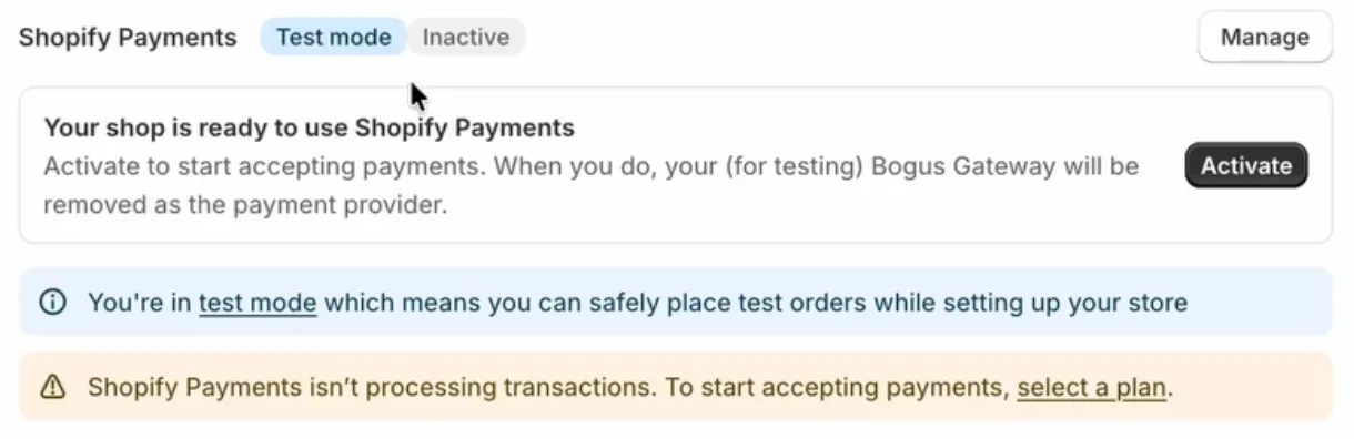 The Shopify Payments section of the Payments settings in Shopify admin, labeled Test mode and Inactive. A card says the shop is ready to use Shopify Payments, with an Activate button, and a banner says you are in test mode and can safely place test orders.