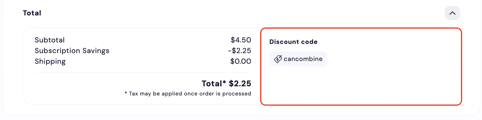 The Subscription Manager's applied discount codes, which order-summary/discount-codes.liquid renders, outlined in red in the expanded Total section. Under the Discount code heading, the applied code appears as a tag with a price-tag icon. The price breakdown sits to its left.