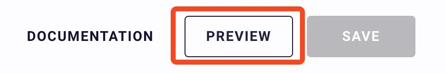 The top right of the Theme designer, with the Preview button outlined in red, next to the Documentation link and a grayed-out Save button.
