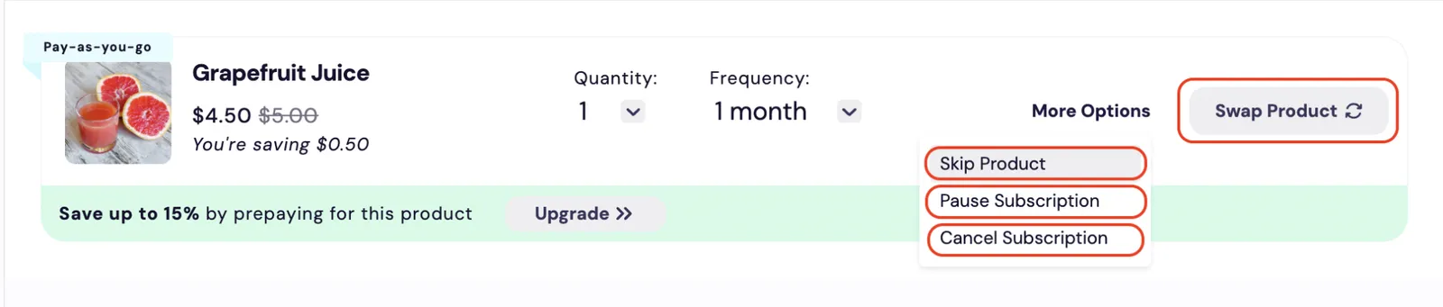 The Subscription Manager's order item buttons, which order-item/order-item-buttons.liquid renders, outlined in red on the Grapefruit Juice order item: the Swap Product button and, in the open More Options menu, Skip Product, Pause Subscription and Cancel Subscription.