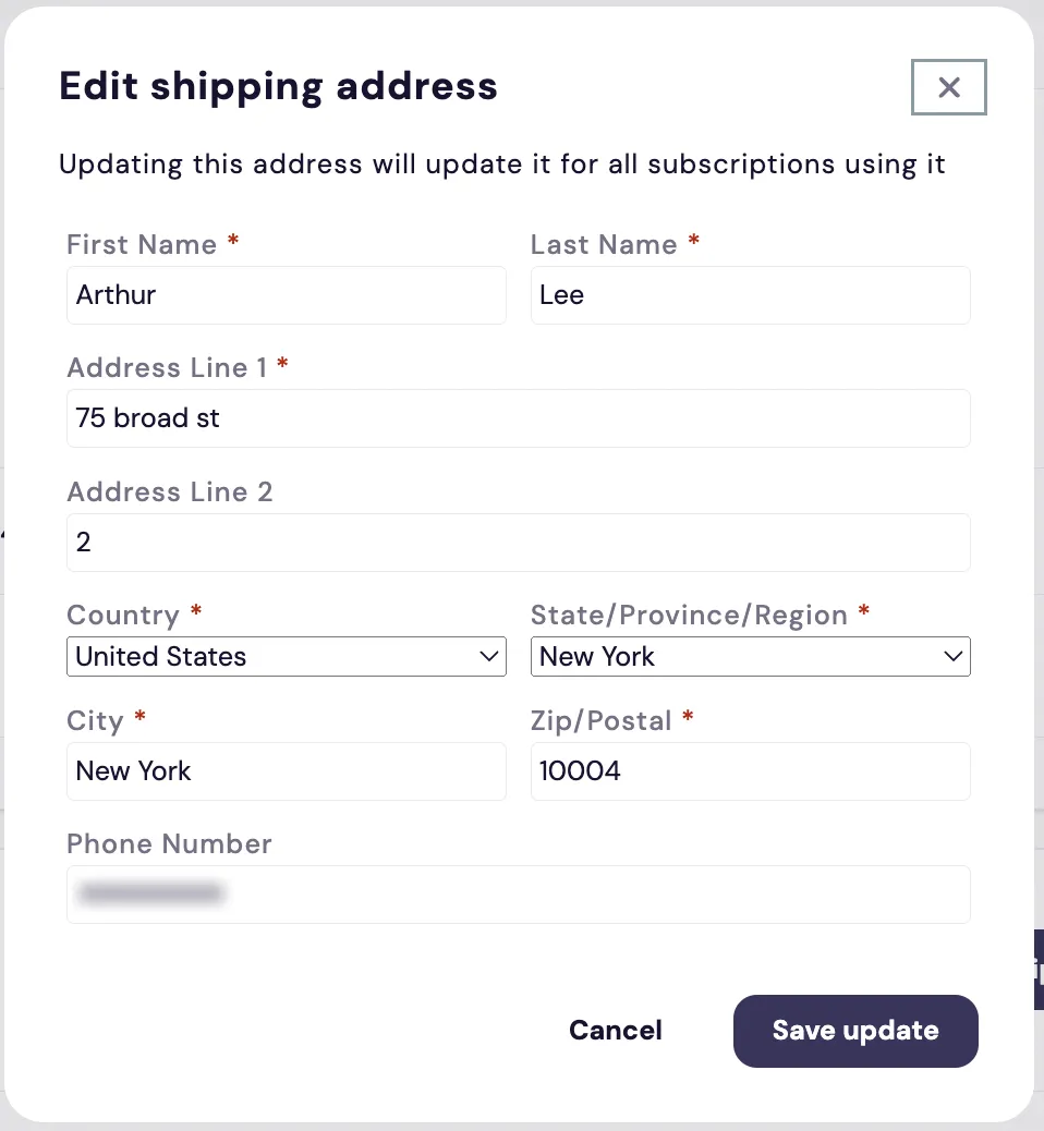 The Edit state of the same shipping address dialog, which order-summary/change-shipping-dialog.liquid also renders. Titled Edit shipping address, it adds the note 'Updating this address will update it for all subscriptions using it', has the same fields pre-filled with a test customer's name, address and phone number, and has no Use for all shipments checkbox. Its buttons are Cancel and Save update.