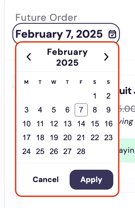 The Subscription Manager's calendar datepicker, which iu-elements/datepicker-popover.liquid renders, outlined in red and open below the order date, February 7, 2025. It shows a February 2025 month grid with previous and next arrows, February 7 outlined, and Cancel and Apply buttons.