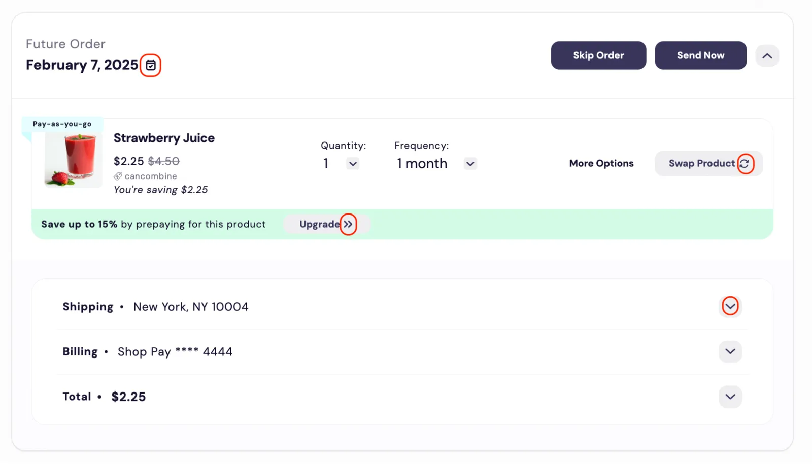 The Subscription Manager's order for Strawberry Juice, with four icons that iu-elements/icons.liquid controls circled in red: the calendar icon beside the order date, the circular arrows icon on the Swap Product button, the double chevron on the prepay banner's Upgrade button, and the down chevron on the Shipping row.