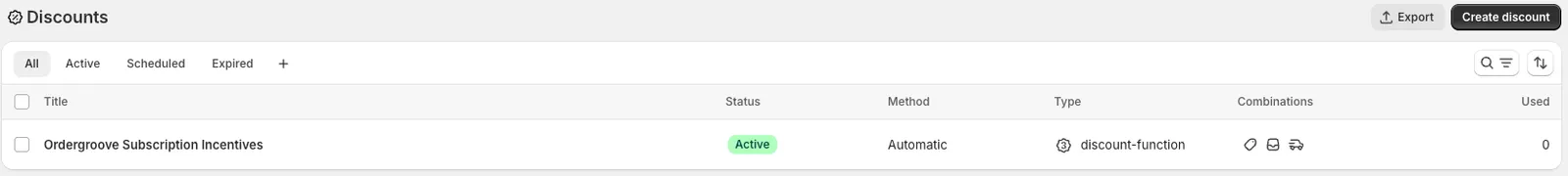 The Discounts page in Shopify admin, listing Ordergroove Subscription Incentives as an active automatic discount of type discount-function